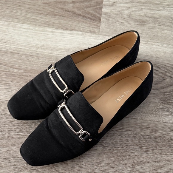 Nine West Shoes - Nine West Black Suede-Look Slip-On Loafers with Silver Hardware